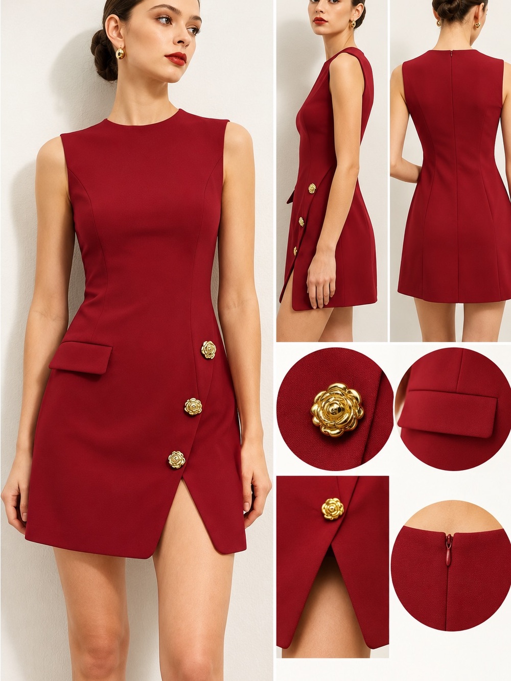 Commense Sleeveless wine Mini Dress with Gold Flower Buttons